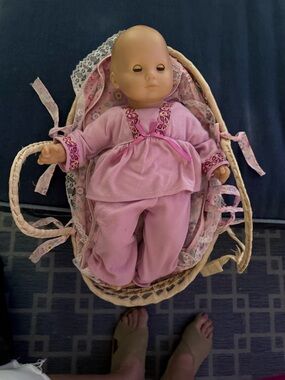 American Girl Plush Baby Doll in Pink Outfit with Woven Basket